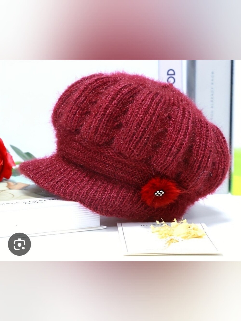 NEW Sparkle Red Knit Newsboy Cap with Decorative Button - Women